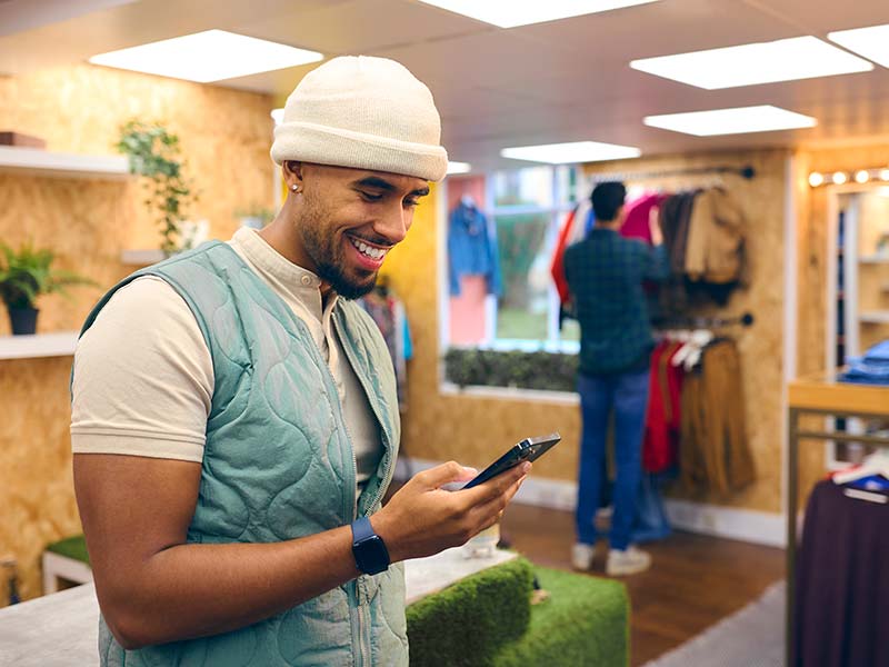 Young guy should inside a shop looking at his mobile